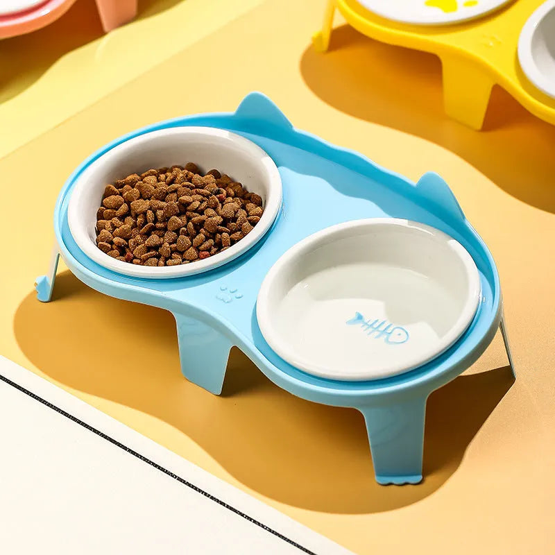 Ceramic cat food and water bowl set on elevated stand with storage hook in blue colour