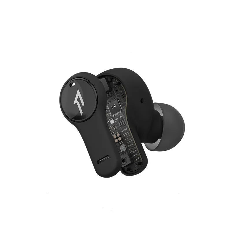 True wireless Bluetooth 5.0 in-ear earbuds in pearl white or black, sports waterproof, 10m transmission radius.