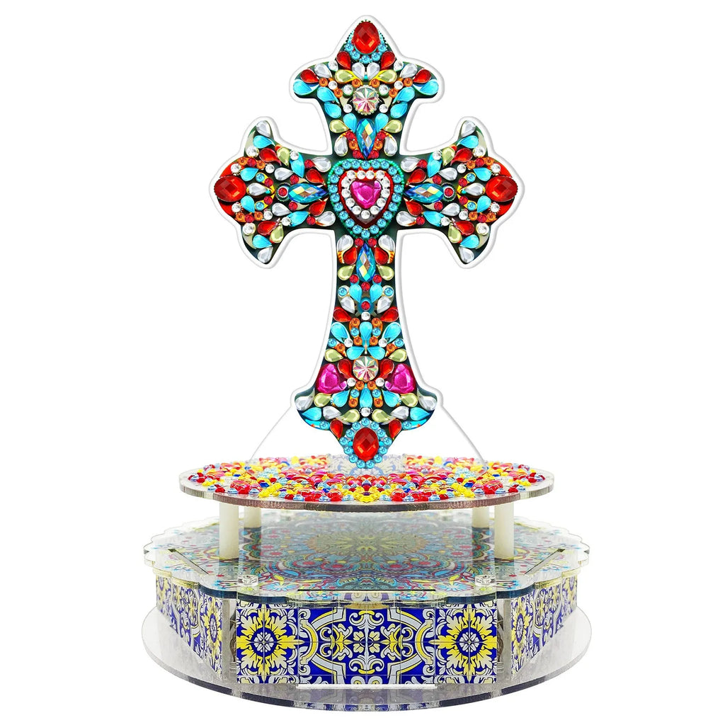 Handmade diamond painting music box kit with PVC plates, music movement, light string, and tools for Halloween and Easter decoration