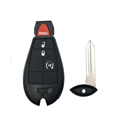White ABS plastic replacement shell for Dodge Chrysler smart car key fob, shown next to disassembled key parts.