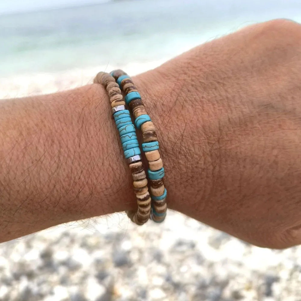 Hand-woven unisex wood bracelet with turquoise accents and totem pattern
