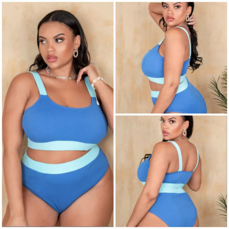Women's solid colour high-waisted bikini set with split briefs on a mannequin.