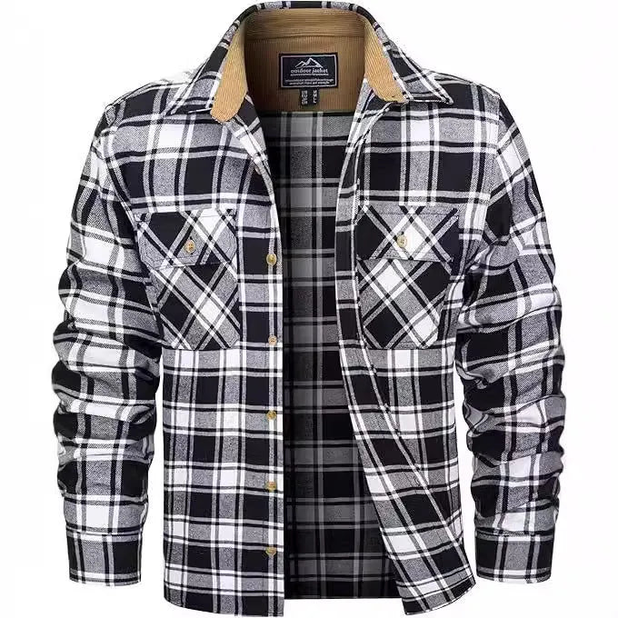 Men's flannel casual button shirt in a plaid pattern, showing cardigan style with long sleeves.