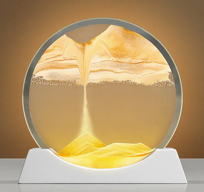 12 inch tall rotary desk lamp with moving quicksand art inside frosted glass, shown in blue finish.