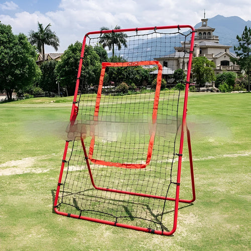 Red portable 4x6ft adjustable baseball training net with metal frame for multi-sport practice.
