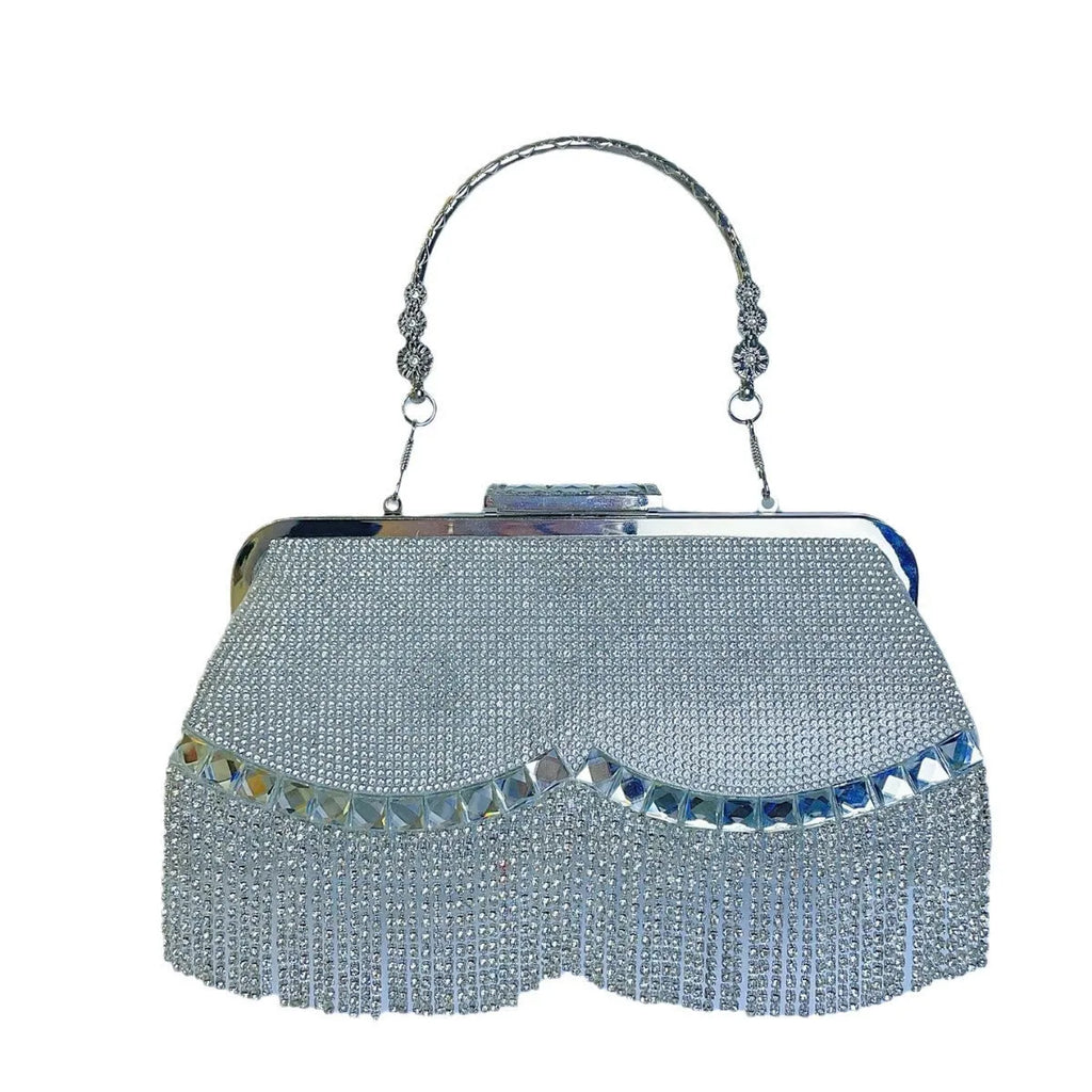 Tassel banquet bag in silver, gold or black polyester with shell shape and chain detail