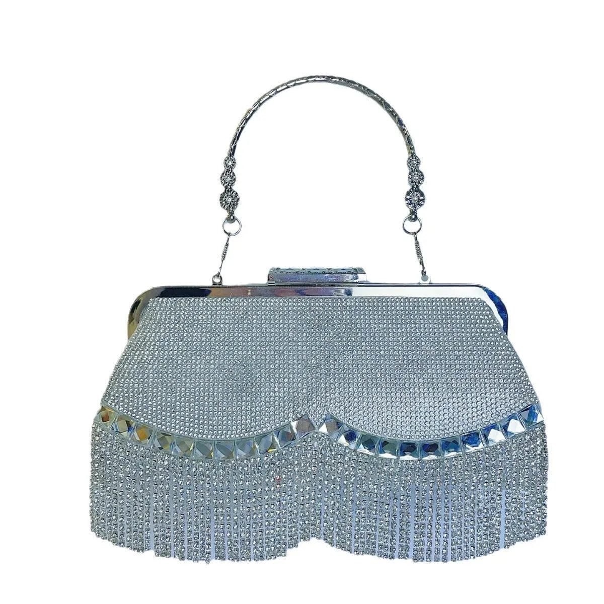 Tassel banquet bag in silver, gold or black polyester with shell shape and chain detail