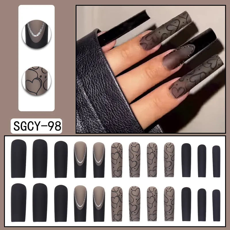 Black matte press-on nails in SGCY-98, long wearable nail tips, 24-piece set with glue