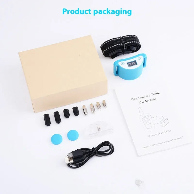 Sky blue ABS anti-cat bark stopper waterproof collar with charging cable and manual, model PC558