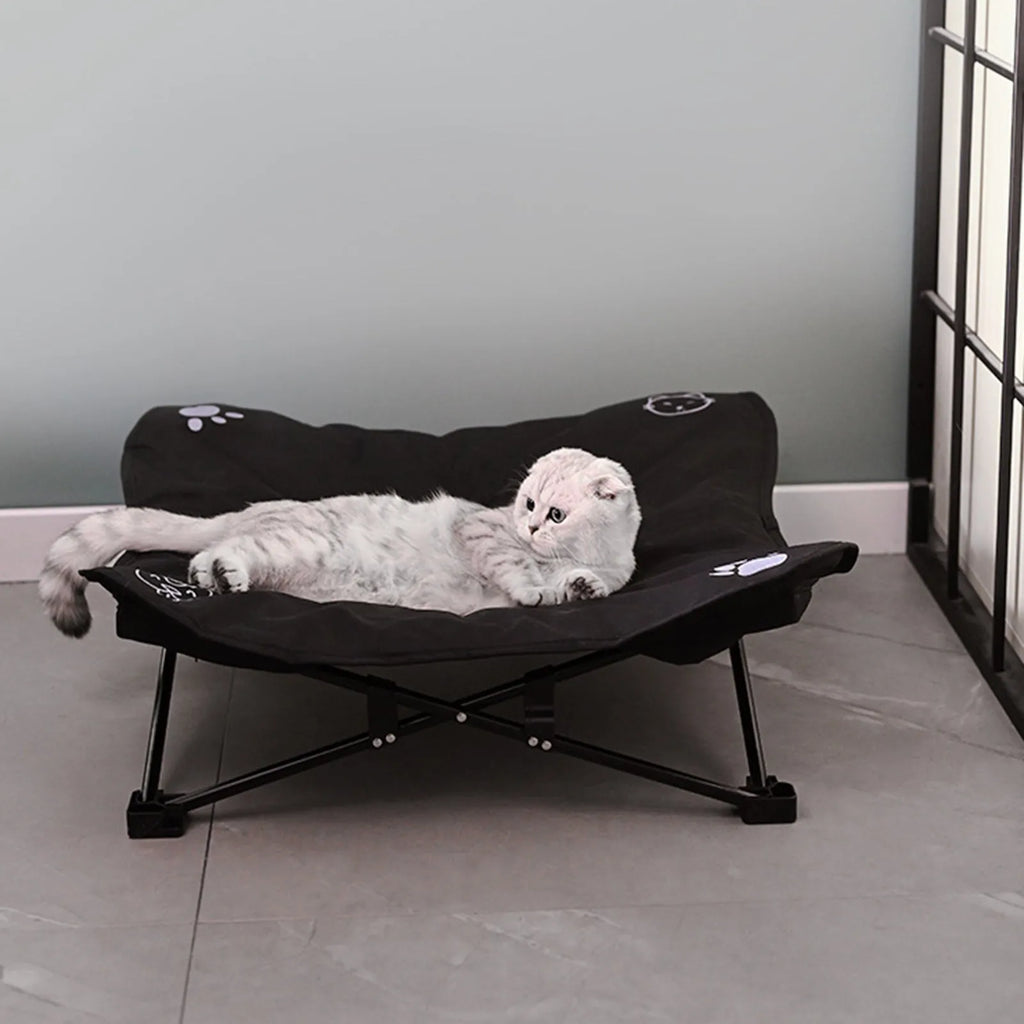 Outdoor pet folding bed with aluminium alloy X-frame and black 600D Oxford cloth sleeping surface