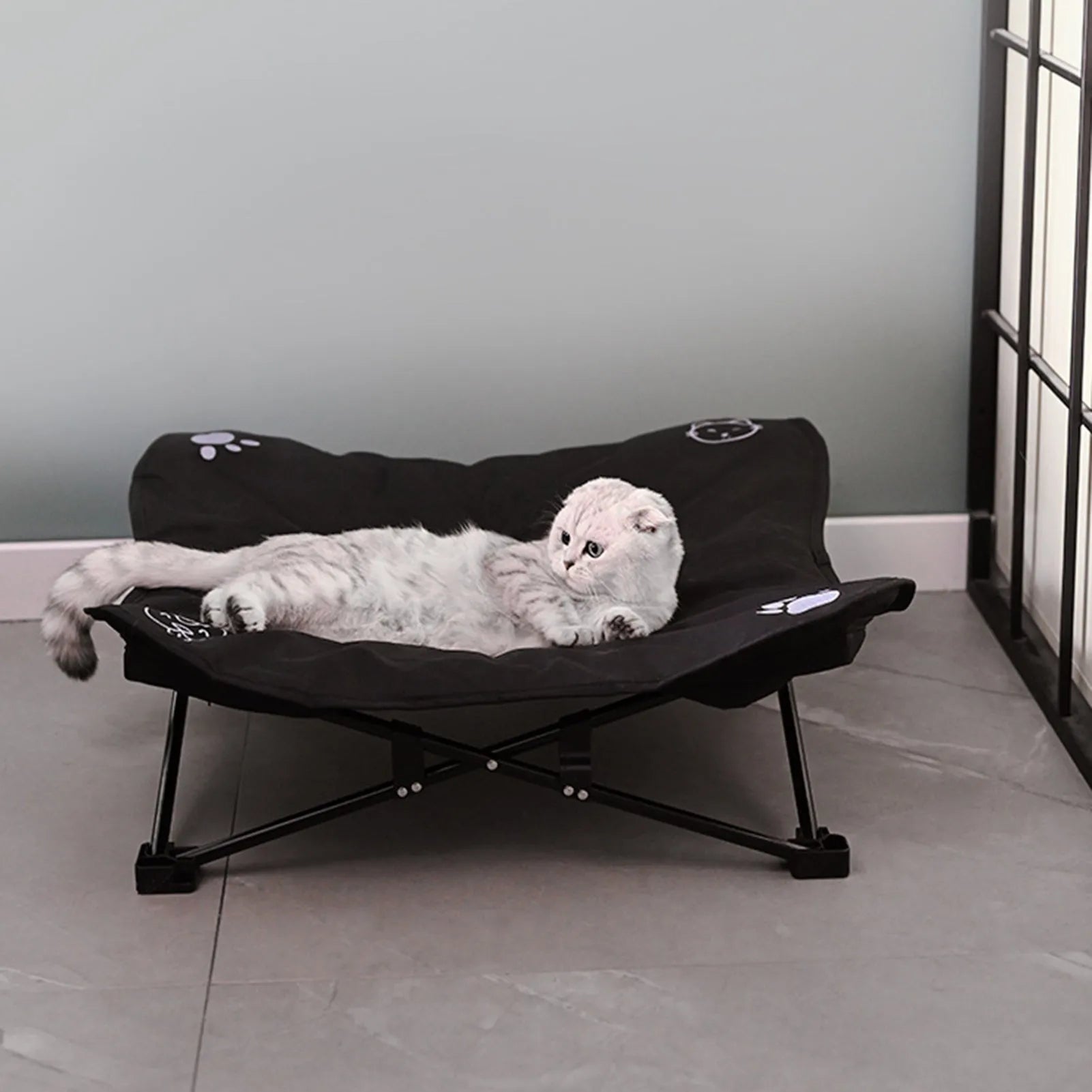 Outdoor pet folding bed with aluminium alloy X-frame and black 600D Oxford cloth sleeping surface