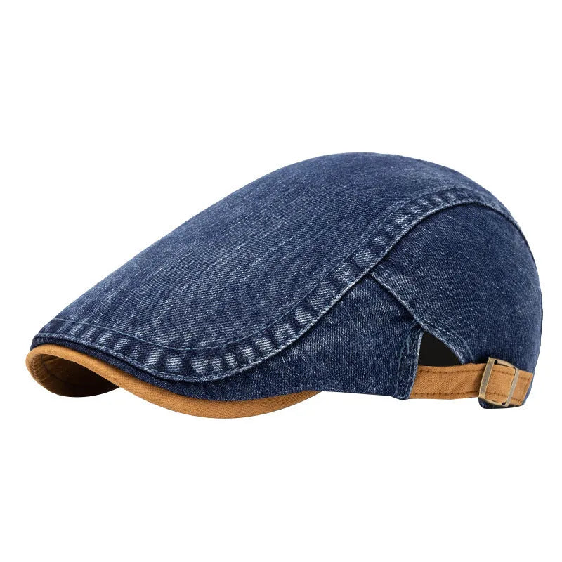Men's washed-out denim contrast colour beret with flat-top crown and adjustable cotton fit