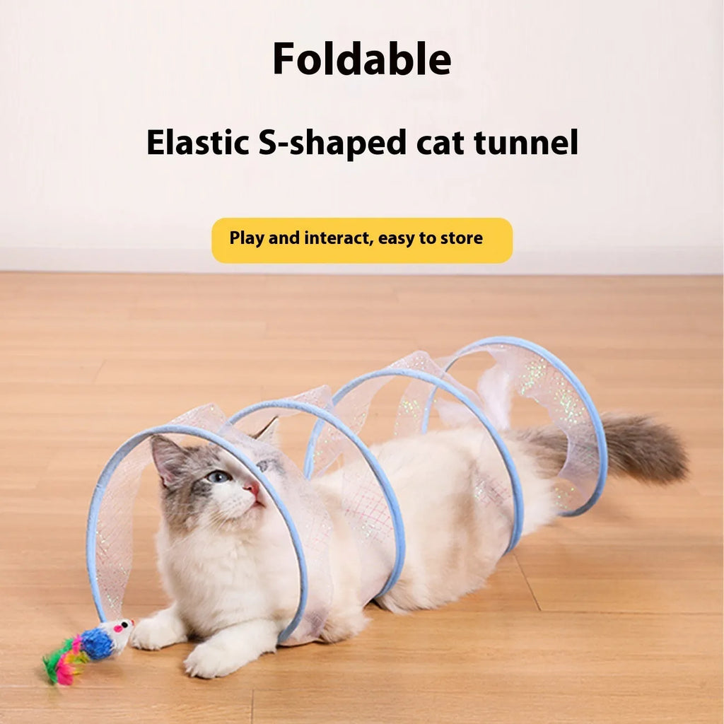 S-type cat tunnel toy with steel wire frame, elastic net covering, and feather attachment for feline play
