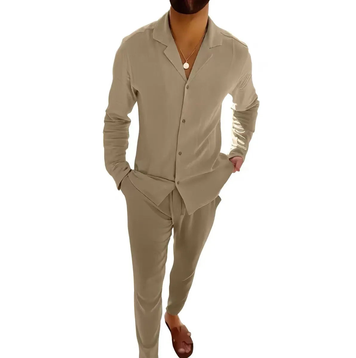 Men's cotton casual suit set with long-sleeve lapel shirt and slim-fit trousers in beige