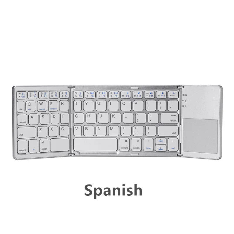 Black tri-fold Bluetooth keyboard with touchpad shown in folded and unfolded positions