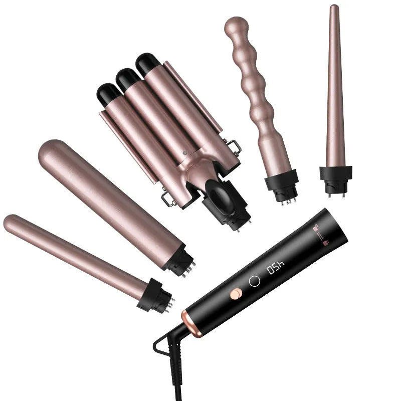 Rose gold five-in-one hair curler with negative ion technology and LCD display