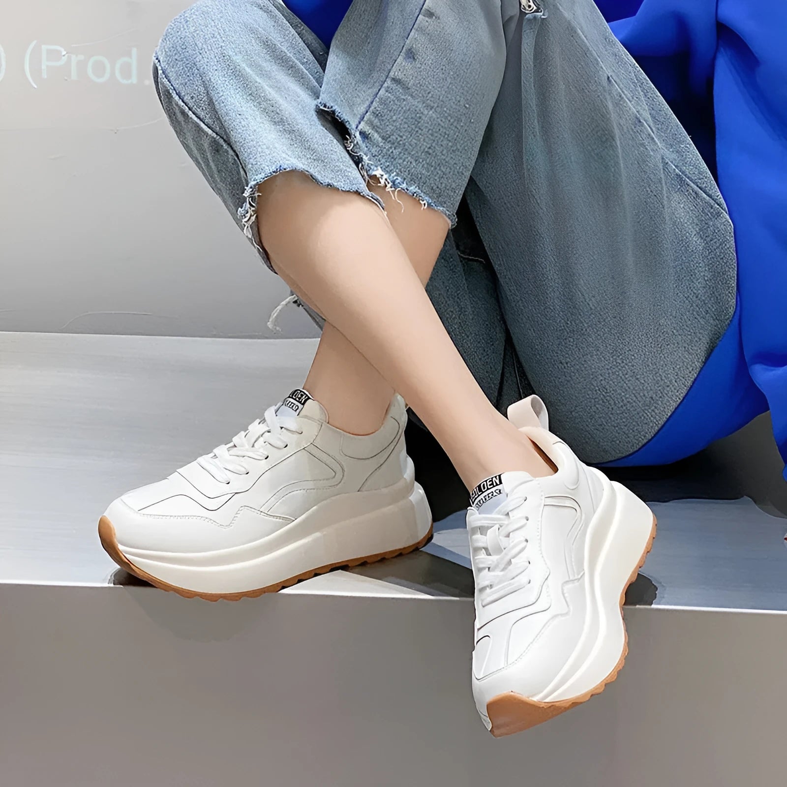 Women's white cattlehide leather casual sports shoes with cross-strap detail and English muffin heel