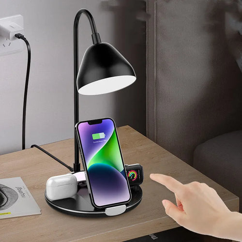 Black magnetic folding wireless charger showing adjustable angles and USB connection