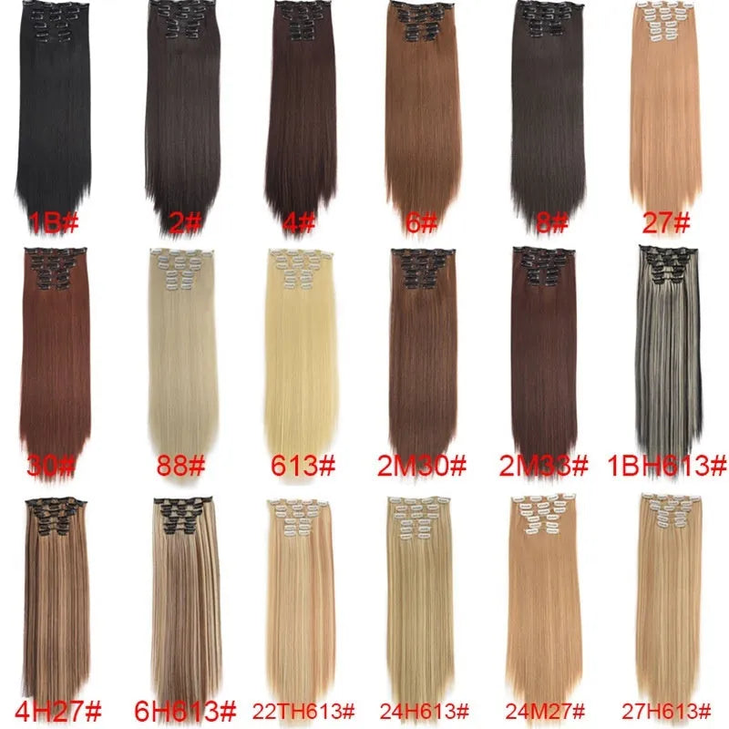 Straight wig extension set 60cm long in multiple high temperature fibre colour options for ladies