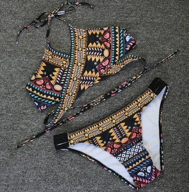 Women's ethnic print sexy bikini with cross straps and chest pads