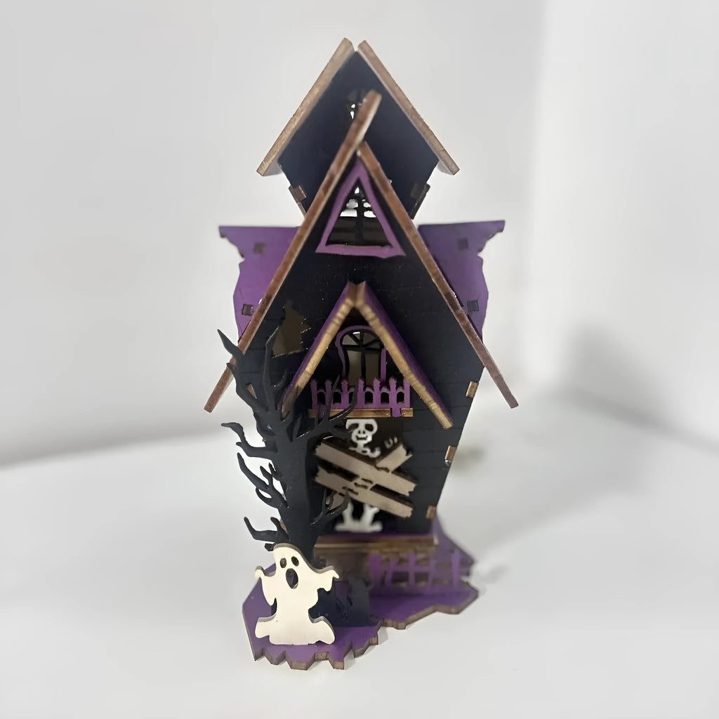 Wooden haunted house Halloween decoration measuring 14x10.5x19cm for candle illumination