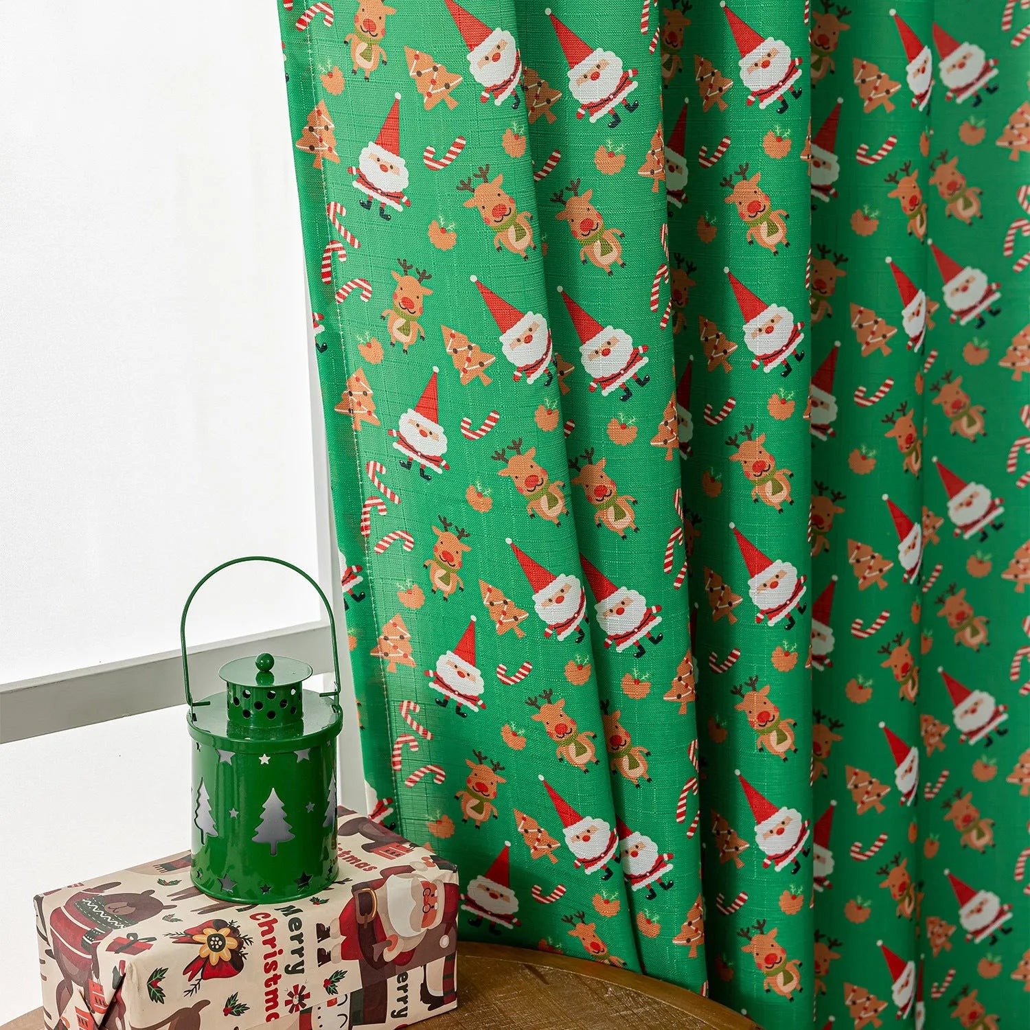 Christmas curtain with snowman and angel print pattern in green colour, American style design for living room windows
