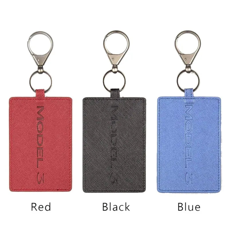 Leather Tesla key case with 100 x 66mm card sleeve and 66mm key buckle for Model 3 and Model Y