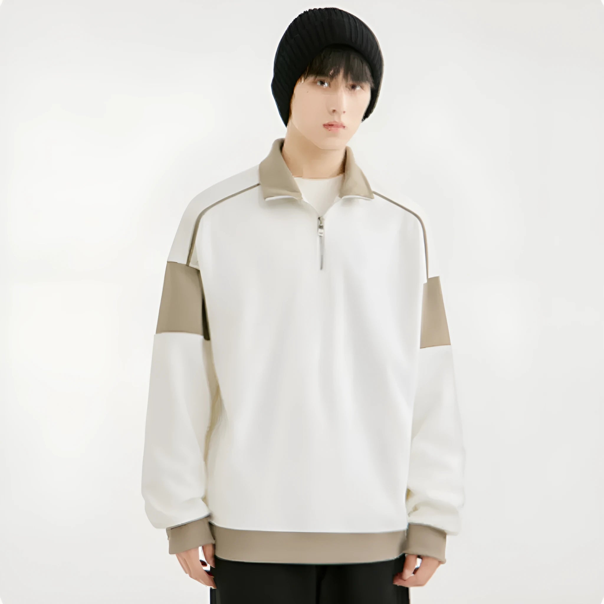 Men's grey rabbit fur corduroy hooded sweater with drop shoulders and loose lapels