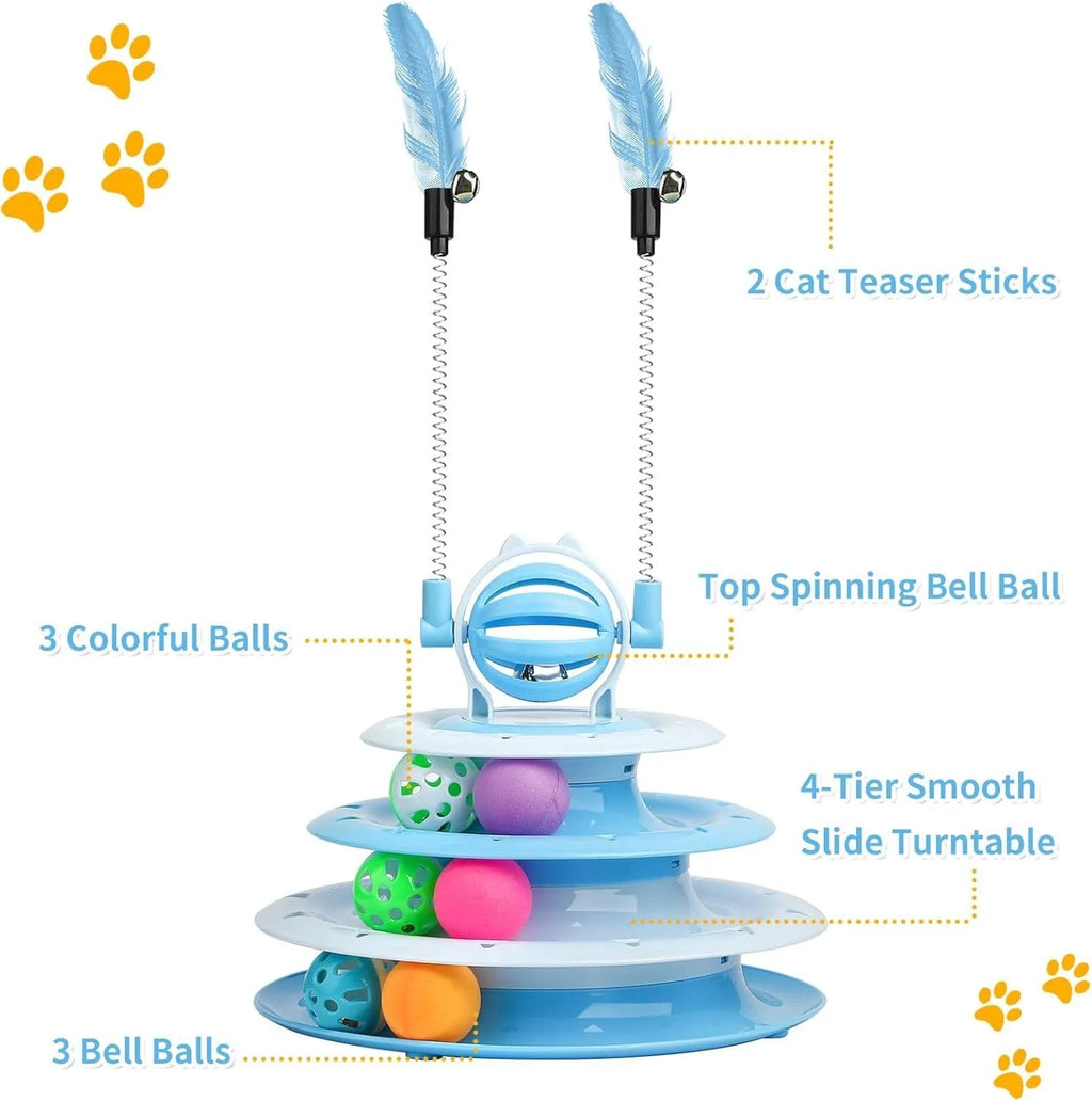 Blue 4-tier cat puzzle toy with 6 sliding balls and teasing rods on circular track