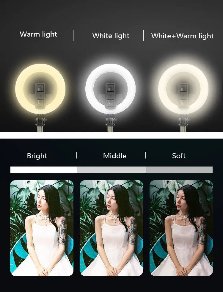 Black selfie stick tripod with 5 inch ring fill light, aluminium alloy pole, and Bluetooth remote for phones 4.0-6.2 inches