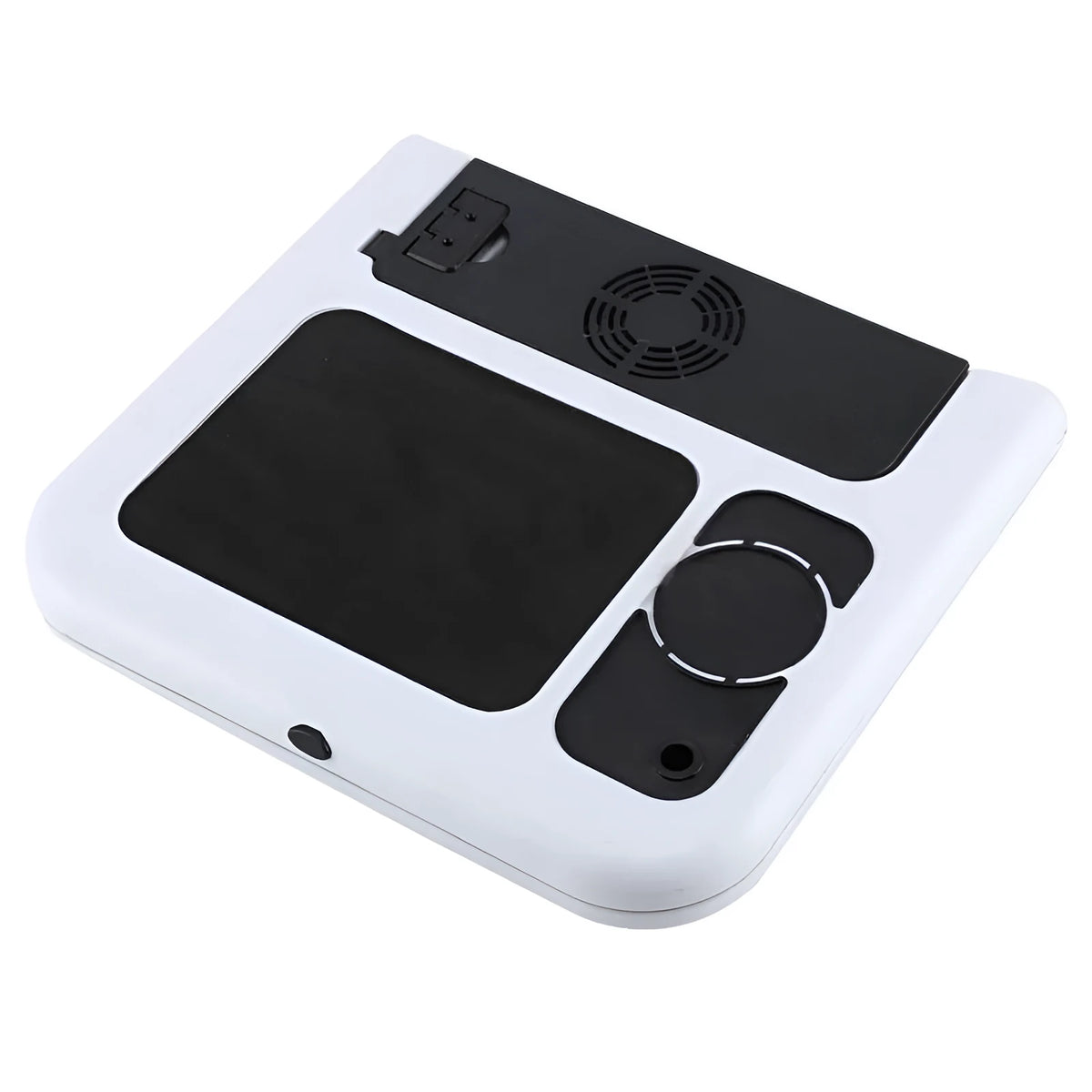 White folding ABS laptop desk with adjustable legs tilting baseplate on bed, folded size 285x316x36mm
