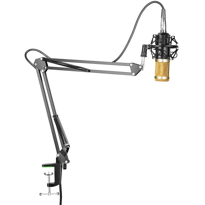BM-800 condenser microphone on a desktop stand, shown in various colour options including black, silver, and white.
