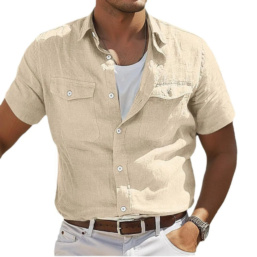 Men's loose light blue cotton casual shirt with long sleeves on a hanger