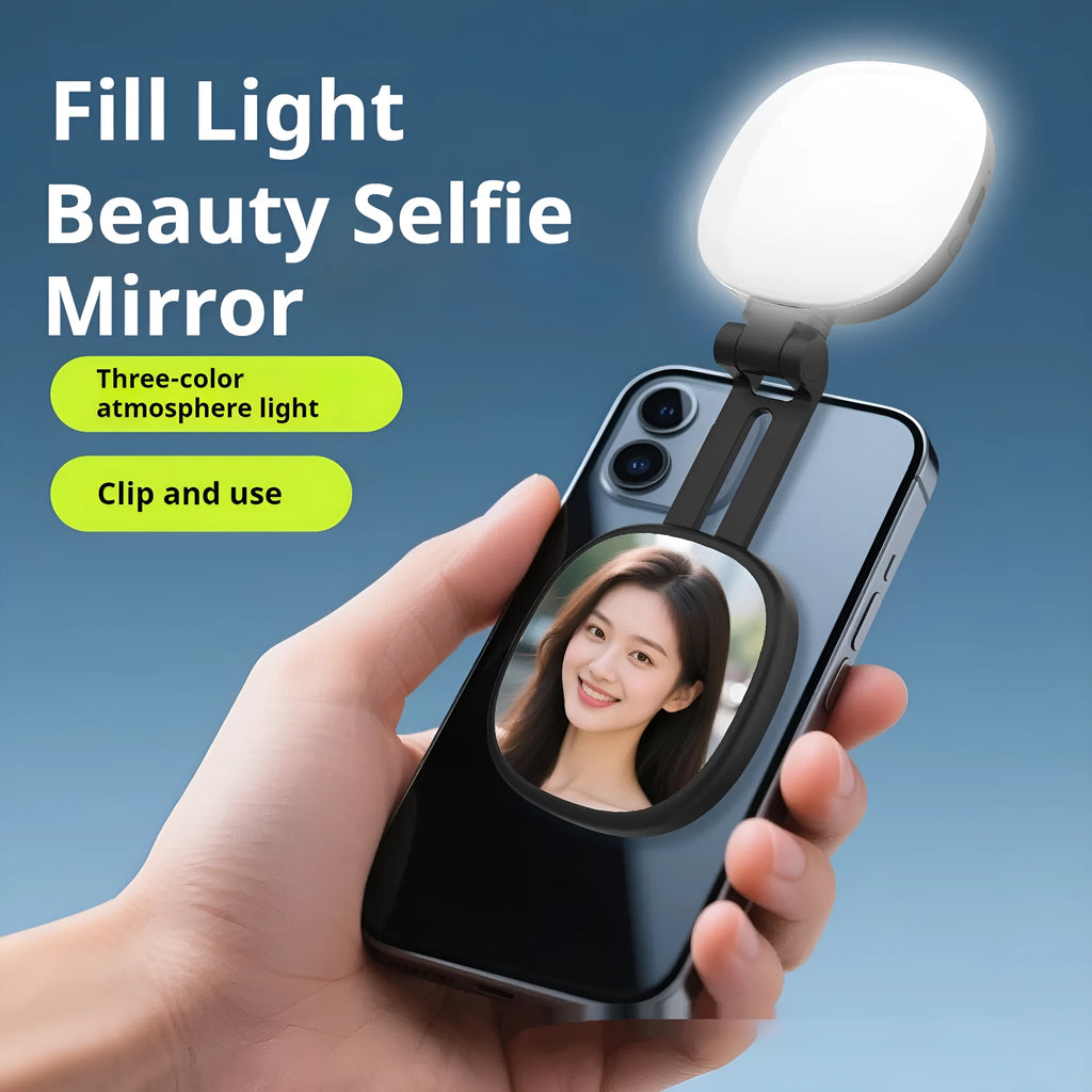 Mini portable makeup mirror fill light with magnetic phone holder in black or white