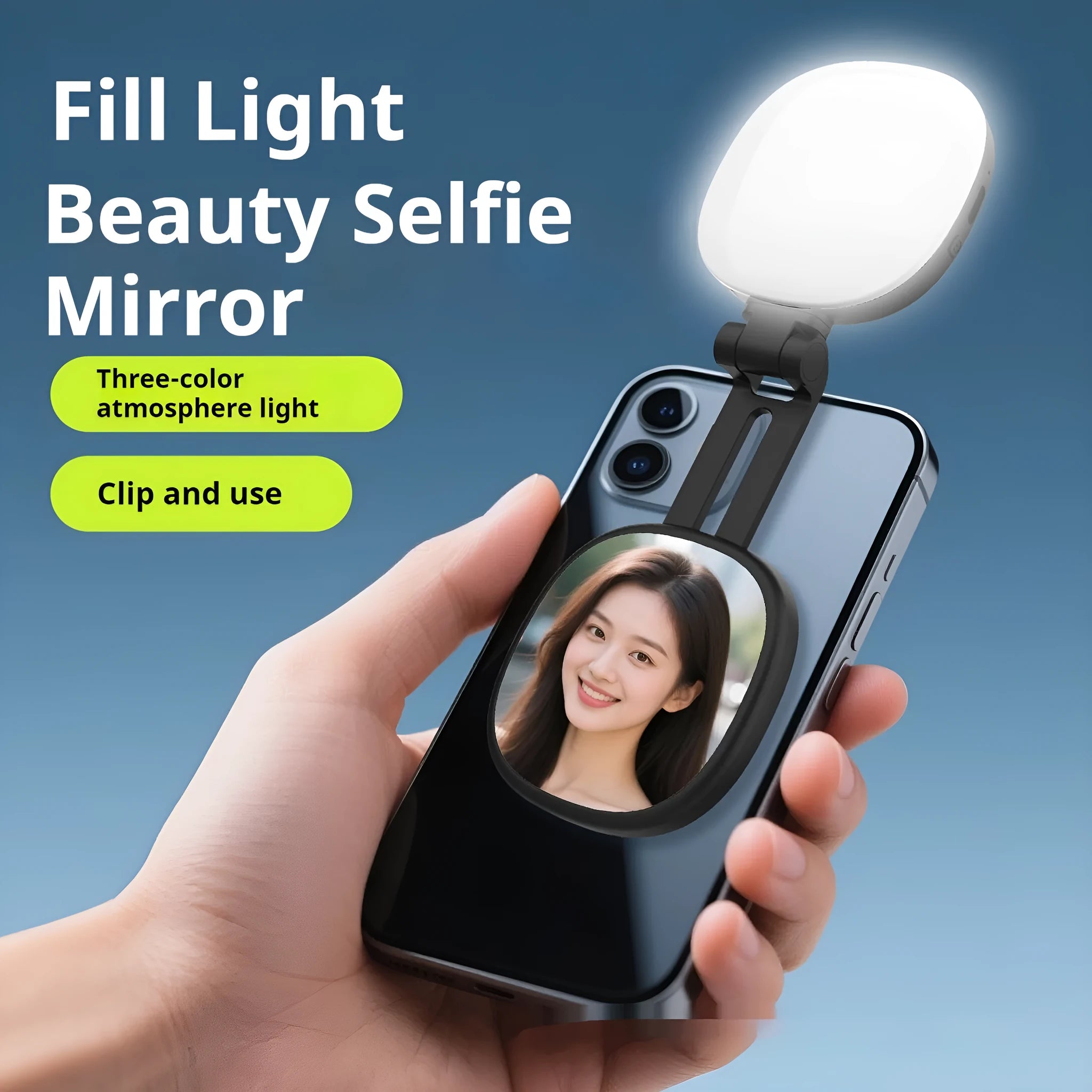 Mini portable makeup mirror fill light with magnetic phone holder in black or white