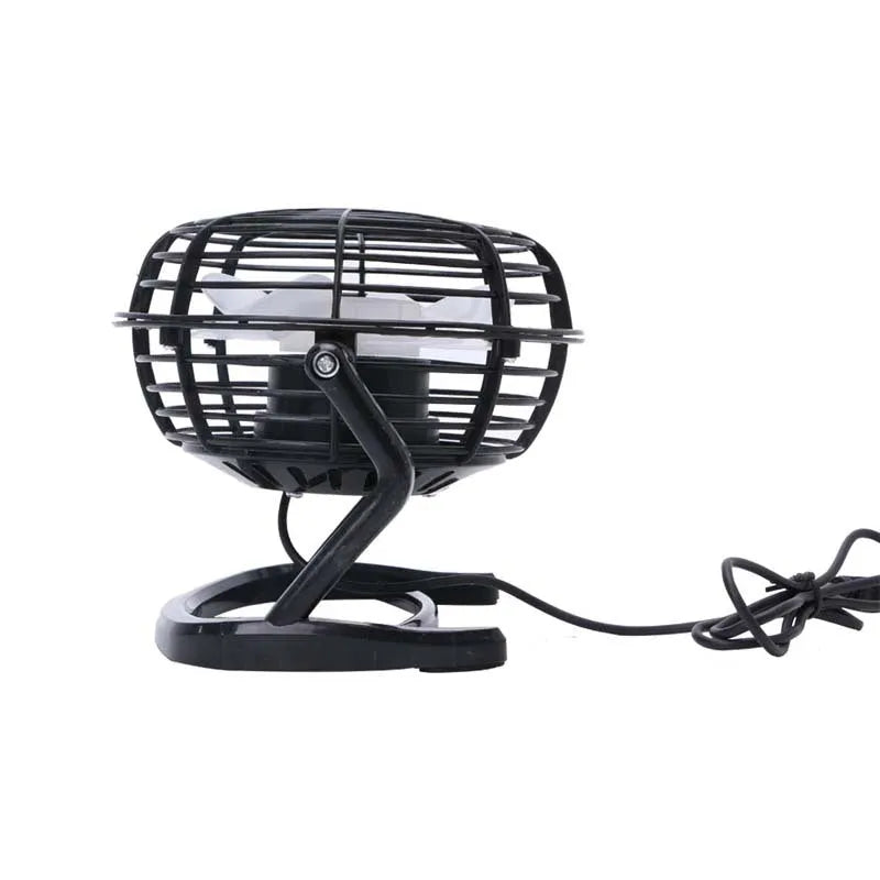 Mini adjustable USB desk fan in black, showing compact square design and angled breeze outlet