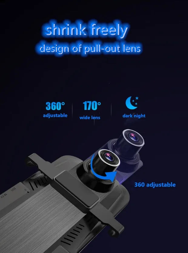 Dual cameras driving recorder with 10-inch 2.5D full glass screen, 170-degree wide-angle lens, and rearview mirror mount.