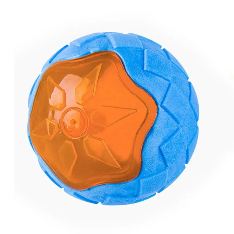 Funi Bite blue TPR dog training ball with teeth cleaning ridges on textured surface
