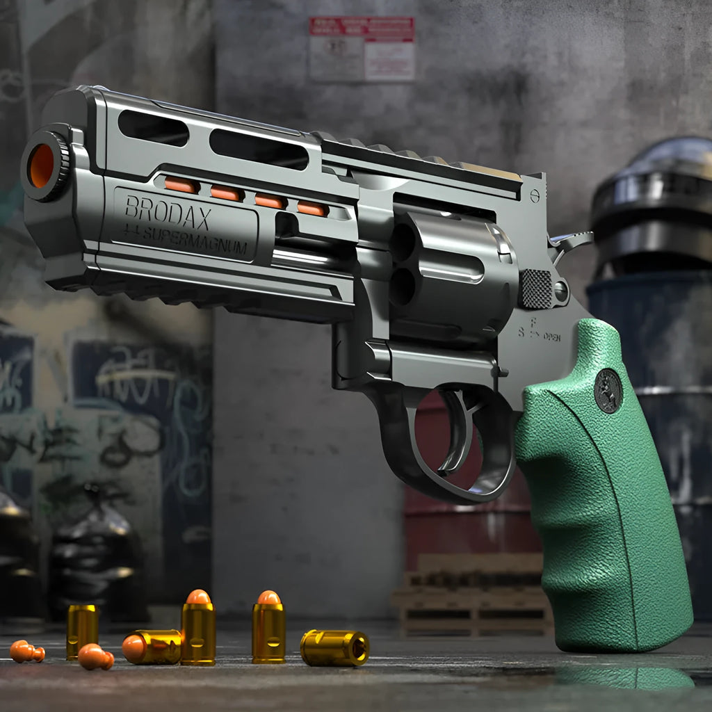Plastic revolver soft bullet gun with 20 bullets and 6 cartridge cases in army green colour box