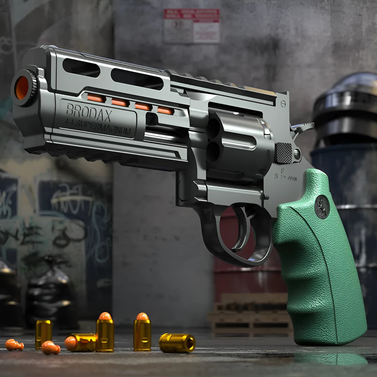 Plastic revolver soft bullet gun with 20 bullets and 6 cartridge cases in army green colour box