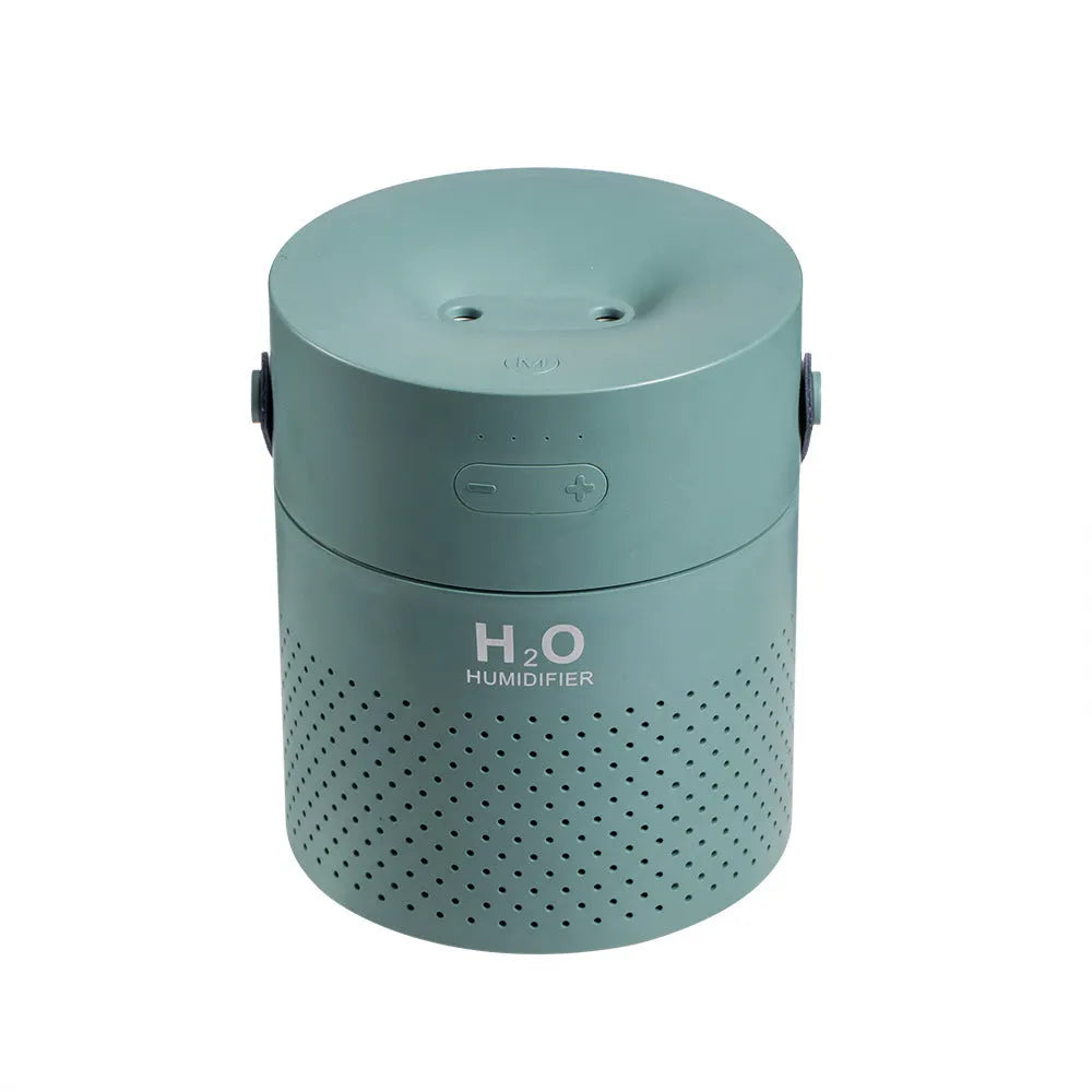 Slim USB rechargeable humidifier with colour LED light in green, grey, pink or white, showing water tank and USB port.