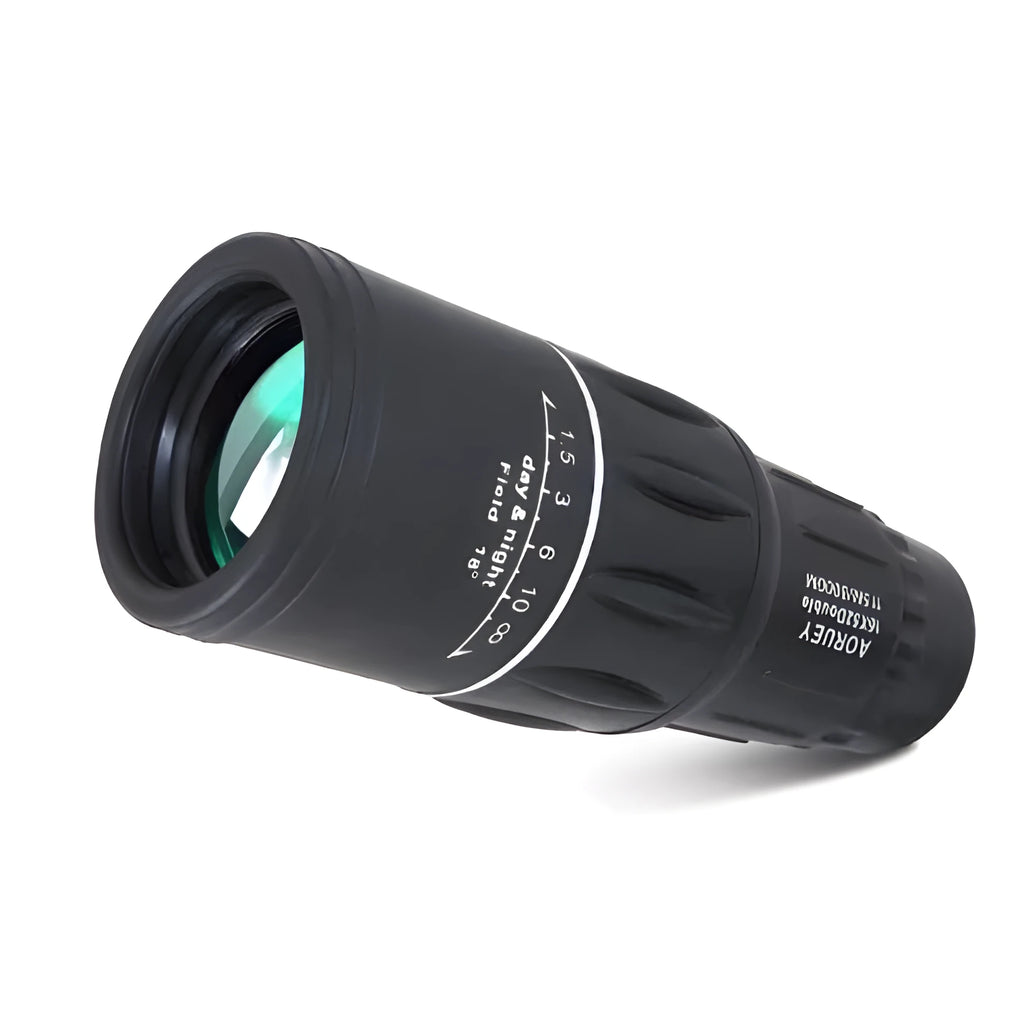 Black 16x52 monocular with 52mm objective lens and roof prism construction