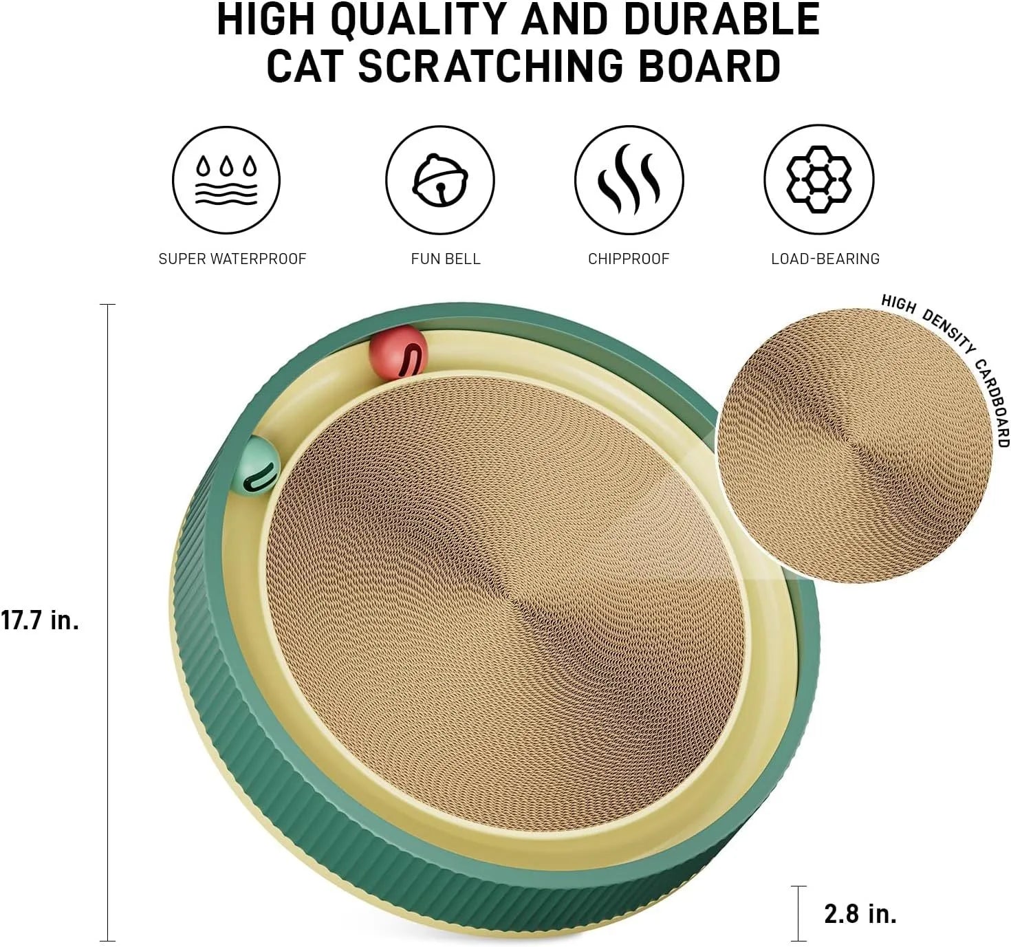 Large green circular cat scratching board with ball track and plush ball toy in the centre.