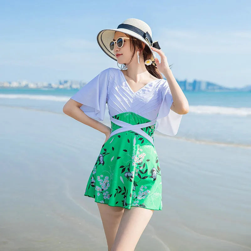 Women's printed one-piece swimsuit in chemical fibre blend fabric, blue and green colour options