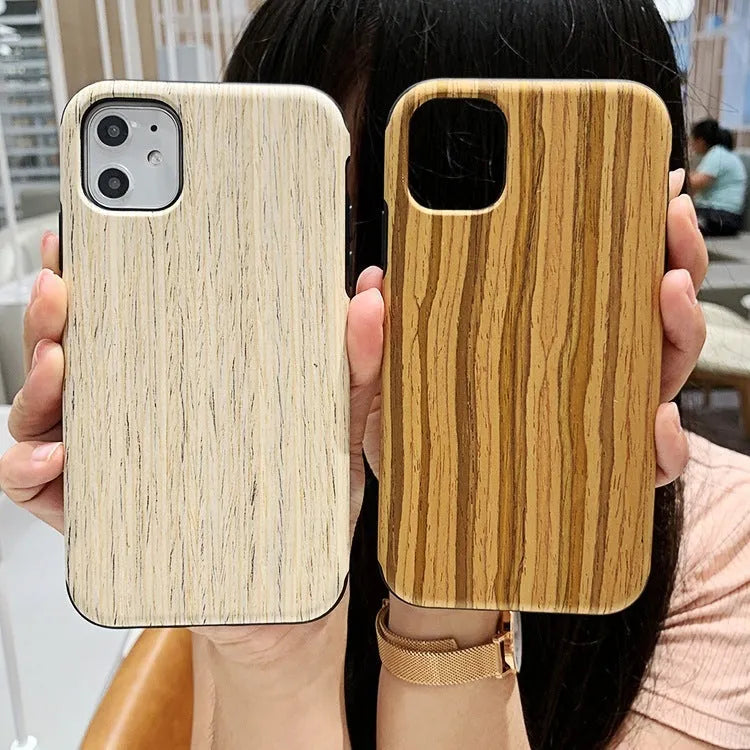 Slim wooden iPhone back cover in genuine bamboo or rosewood, showing natural grain, compatible with iPhone 11 Pro.