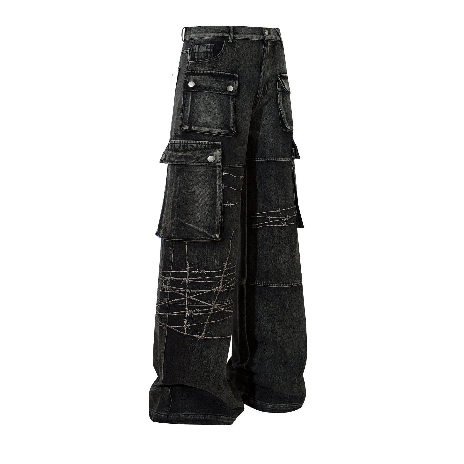 Men's black cotton embroidery trousers with wide-leg loose fit design