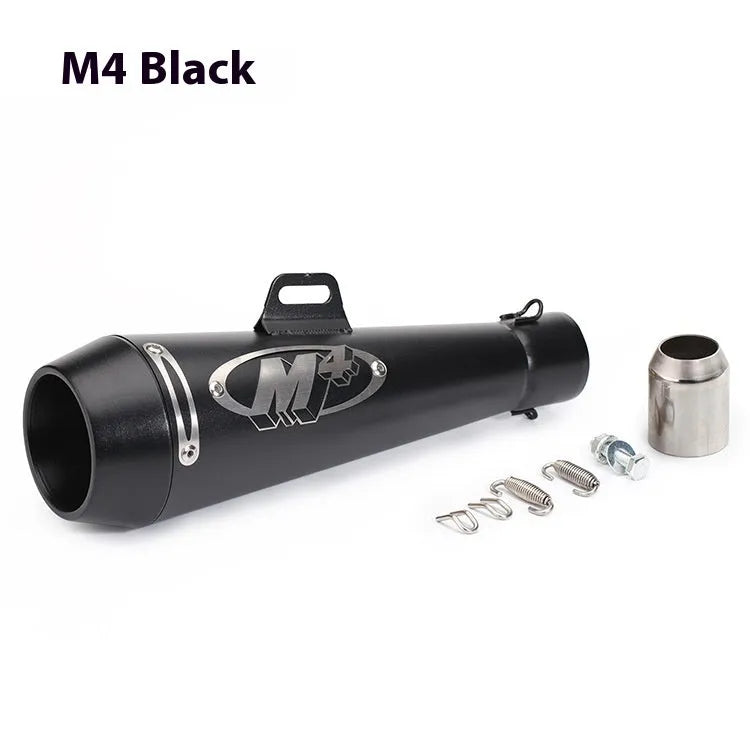 Universal M4 motorcycle exhaust pipe in multiple finish options including black, white steel, titanium and blue