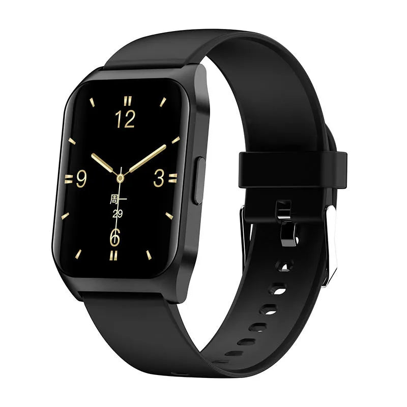 Black smartwatch with 1.69-inch screen showing heart rate display and Bluetooth connectivity