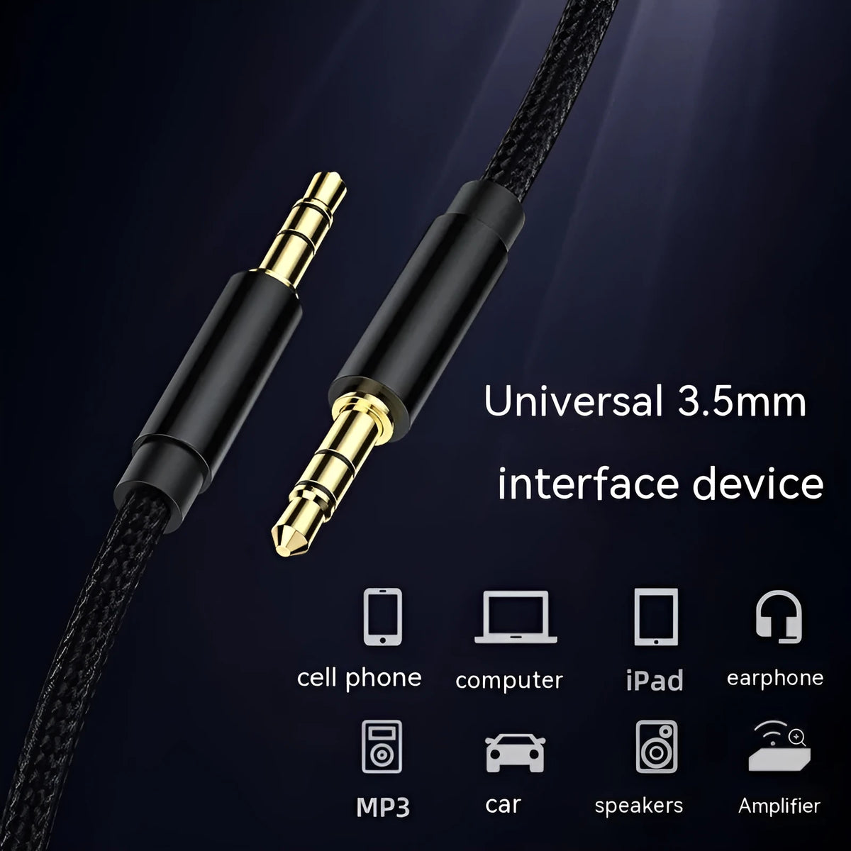3.5mm male to male audio cable with gold-plated plugs, shown in black, gold, silver, and red lengths 1m to 3m
