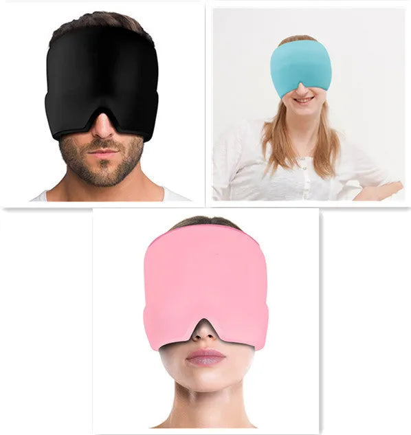 Black elastic ice gel headache relief eye mask shown on a mannequin head, adjustable for 42-66cm circumference.